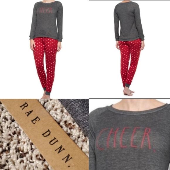 Rae Dunn Other - NEW XL RAE DUNN * CHEER * HOLIDAY CHRISTMAS DOT GRAY RED PAJAMAS SET EXTRA LARGE
